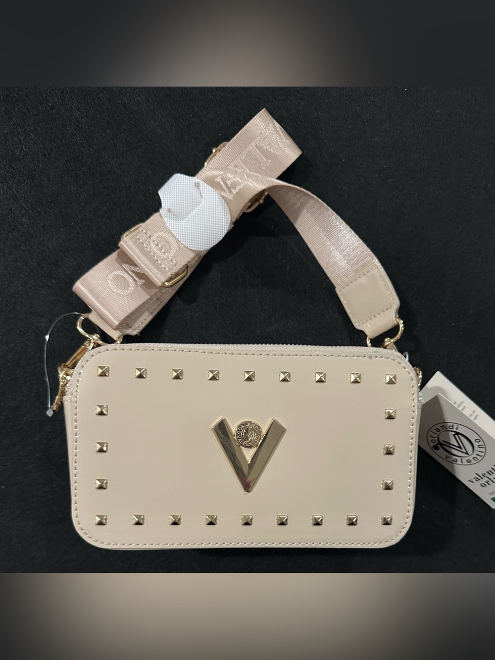 Valentino Orlandi Studded Cream Crossbody Bag Gold V Logo Camera Bag Italy NWT
